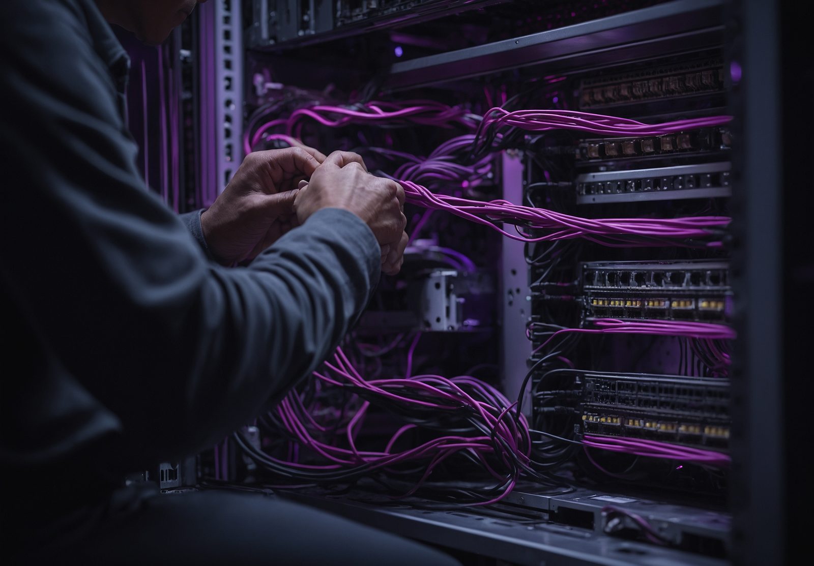 Bare hands seating a network cable into the rear port of a server chassis