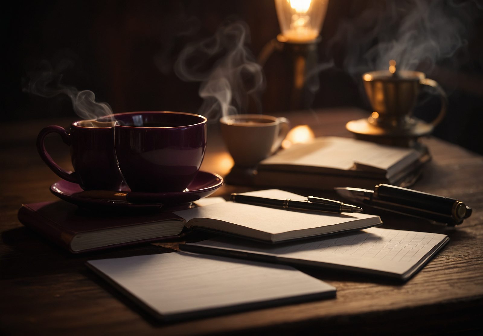 A blank open notebook beside a fountain pen and a cup of coffee on a dark wooden desk