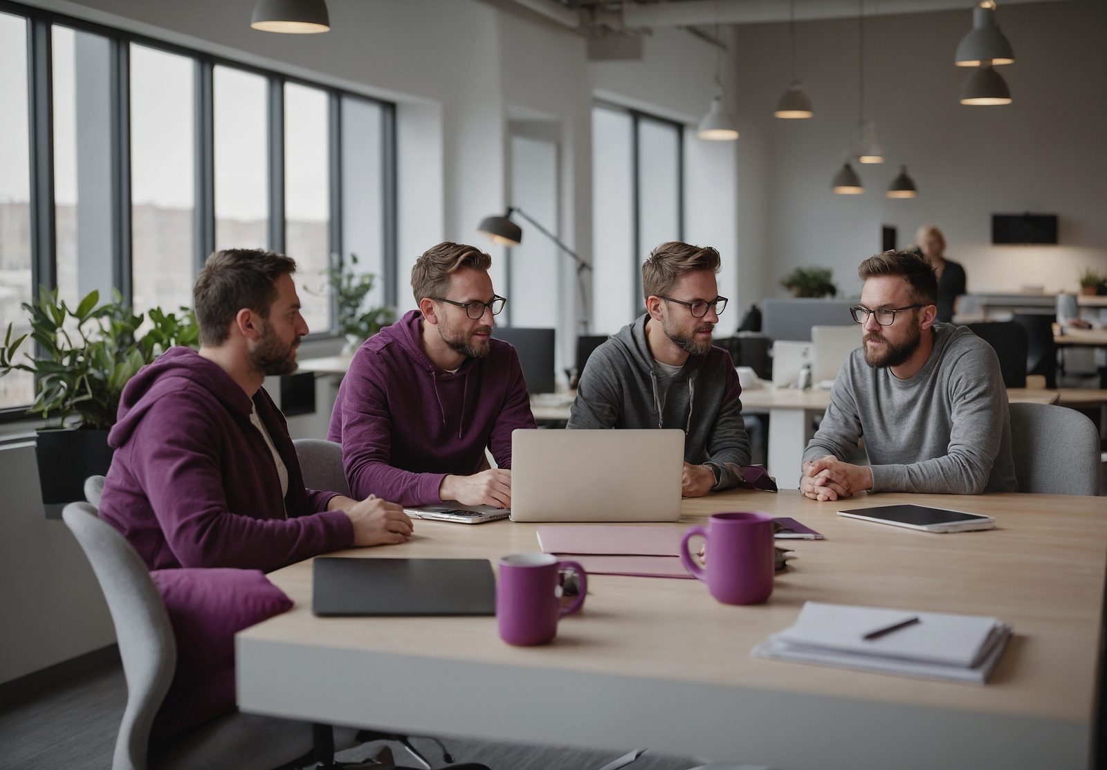 Four colleagues around a long table looking at a shared laptop in a bright office