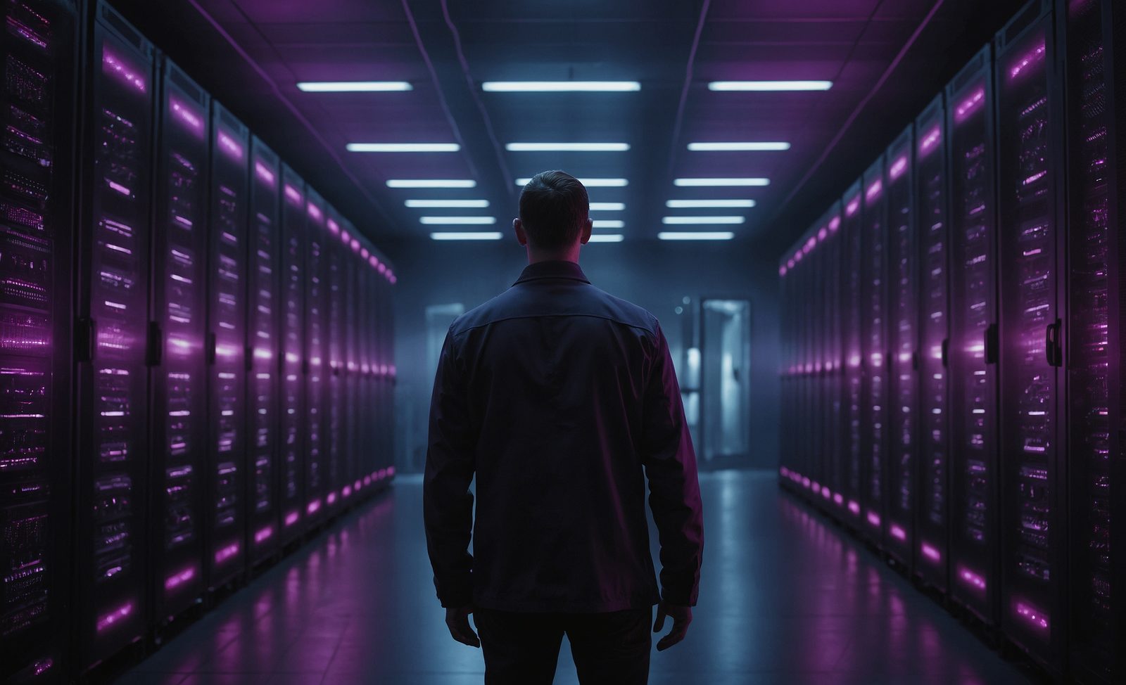 A lone engineer at the end of a dim server aisle lit by violet status lights