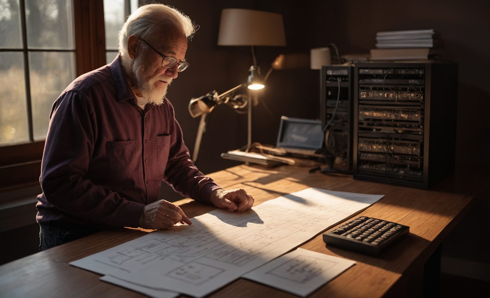A senior systems architect studying a printed diagram at a wooden desk beside a small rack server