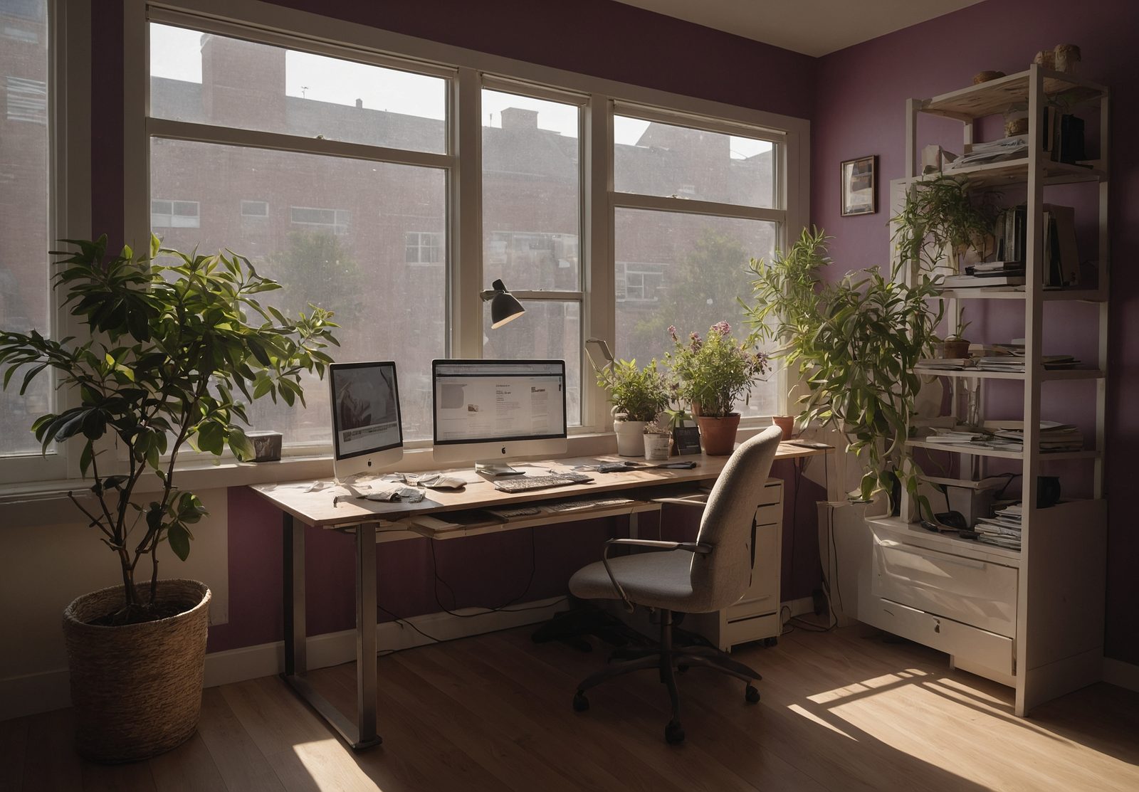 A small office desk with two monitors and a rolled-up magazine
