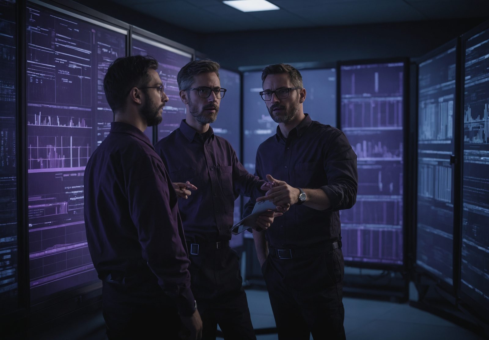 Three people in a server room, one gesturing toward wall monitors that show charts