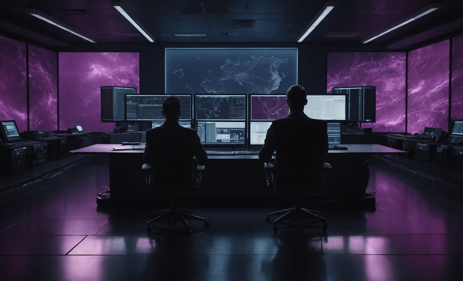 Two engineers at a wide monitor wall in a quiet control room
